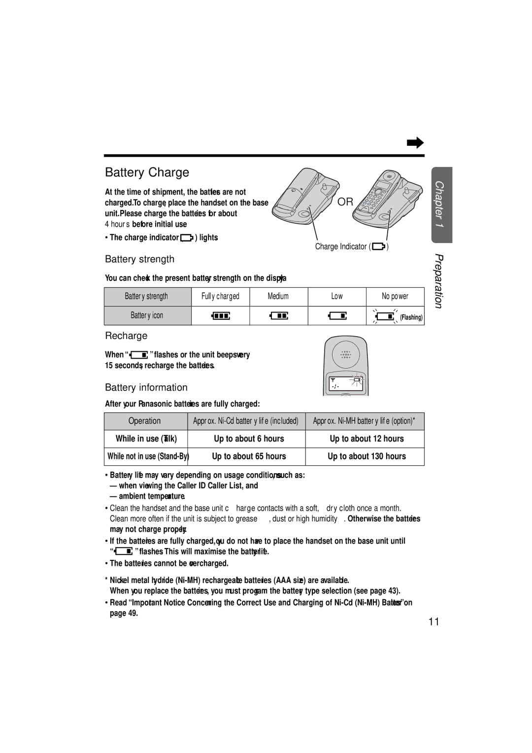 Panasonic KX-TCD952EB Battery strength, Battery information, Fully charged Medium Low, Recharge When, Operation 