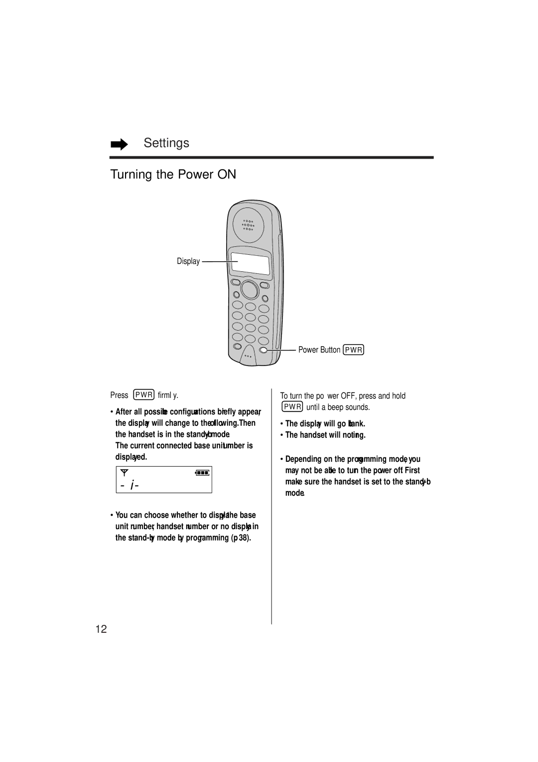 Panasonic KX-TCD952EB operating instructions Settings Turning the Power on, Display Power Button PWR, Press PWR firmly 