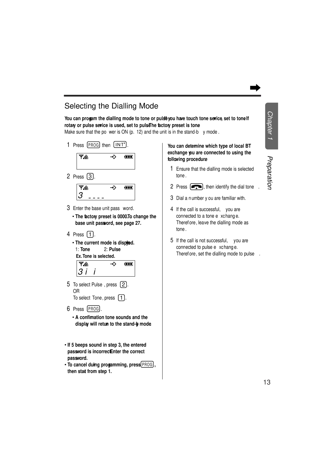 Panasonic KX-TCD952EB operating instructions Selecting the Dialling Mode, Press Prog then INT Enter the base unit password 