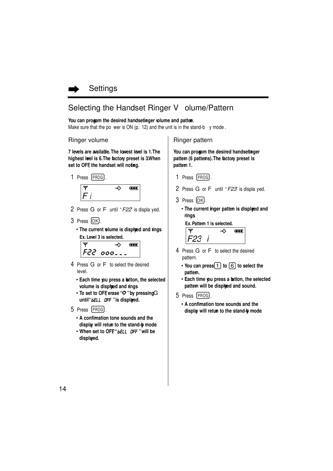 Panasonic KX-TCD952EB F23U, Settings Selecting the Handset Ringer Volume/Pattern, Ringer volume, Ringer pattern 