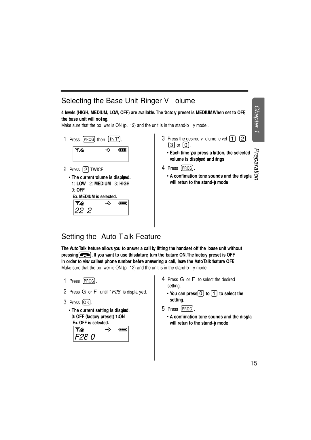 Panasonic KX-TCD952EB 22u2, F28u0, Selecting the Base Unit Ringer Volume, Setting the Auto Talk Feature 