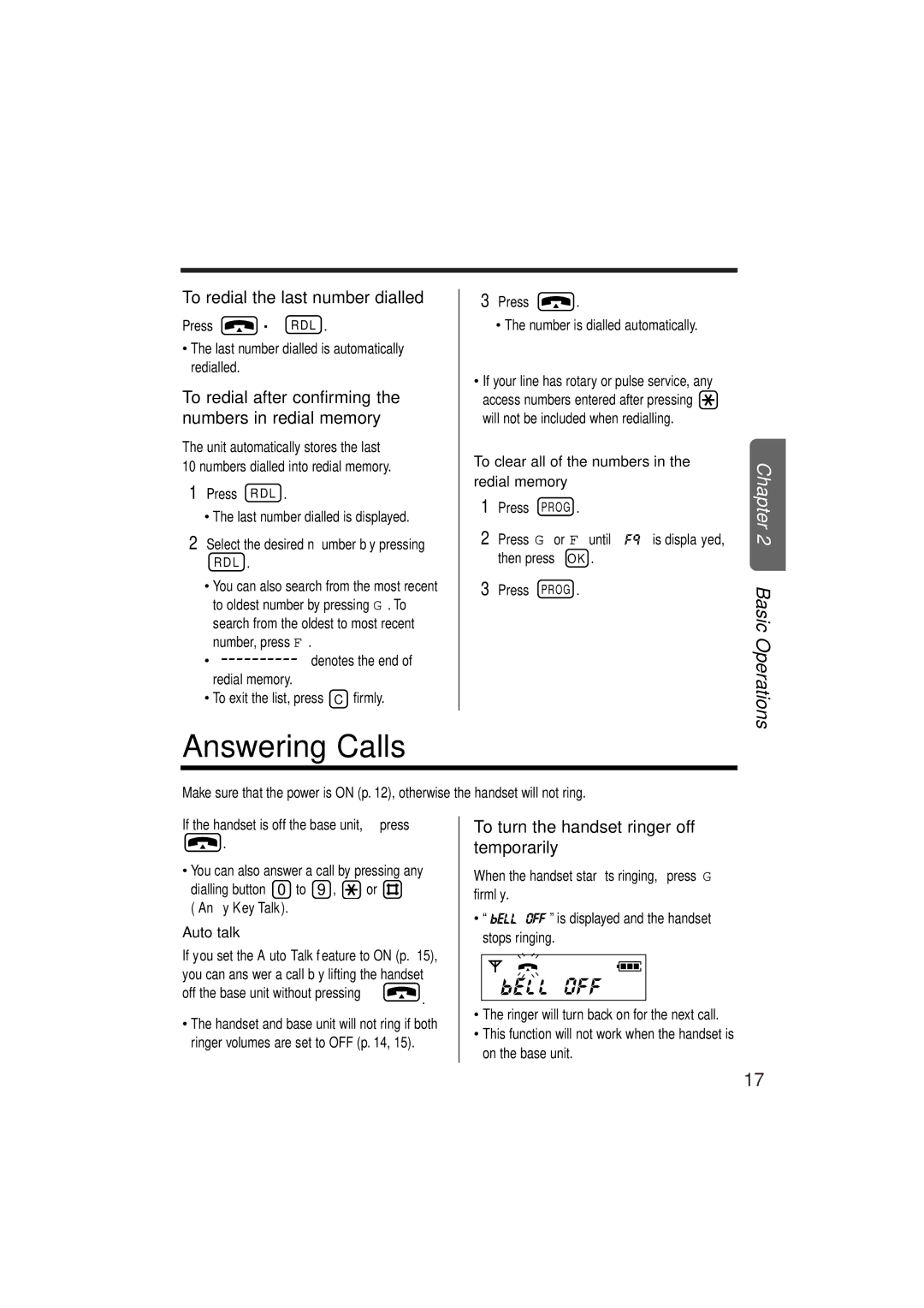 Panasonic KX-TCD952EB Answering Calls, To redial the last number dialled, To turn the handset ringer off temporarily 