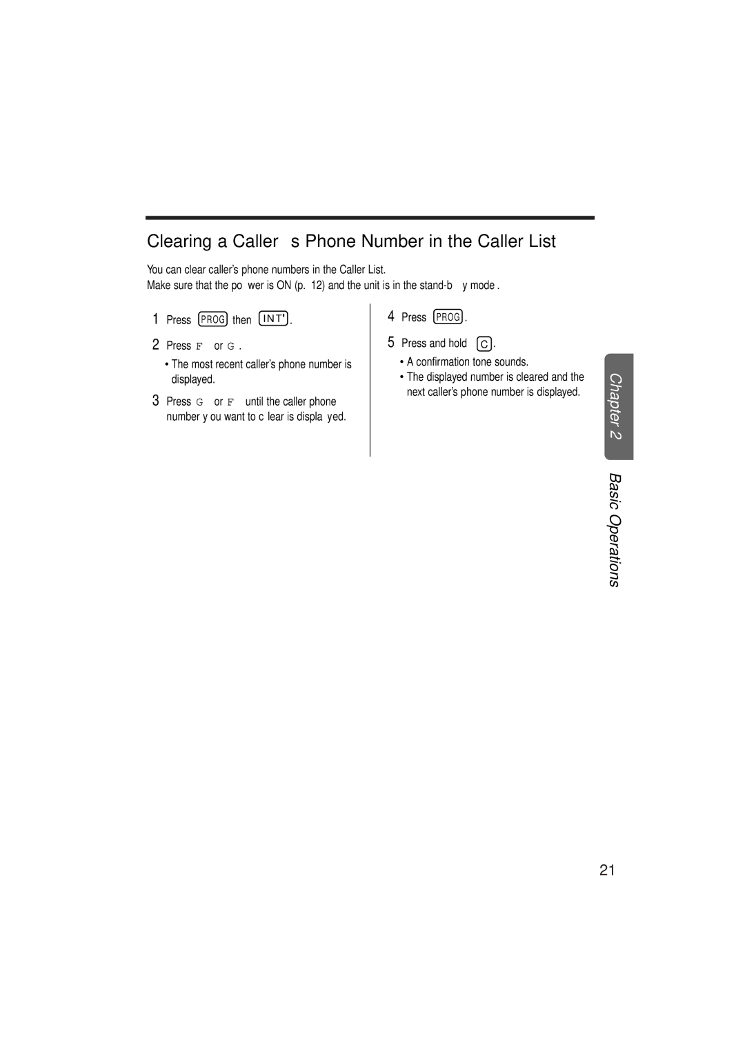 Panasonic KX-TCD952EB Clearing a Caller’s Phone Number in the Caller List, Press Prog Press and hold C 