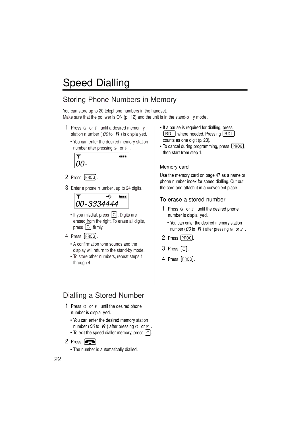 Panasonic KX-TCD952EB Speed Dialling, Storing Phone Numbers in Memory, Dialling a Stored Number, To erase a stored number 