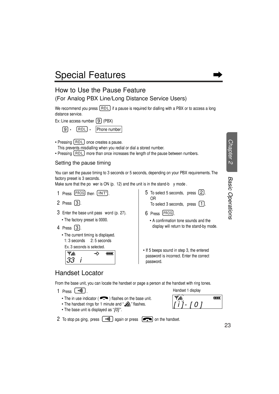 Panasonic KX-TCD952EB Special Features, 33u, How to Use the Pause Feature, Handset Locator, Setting the pause timing 