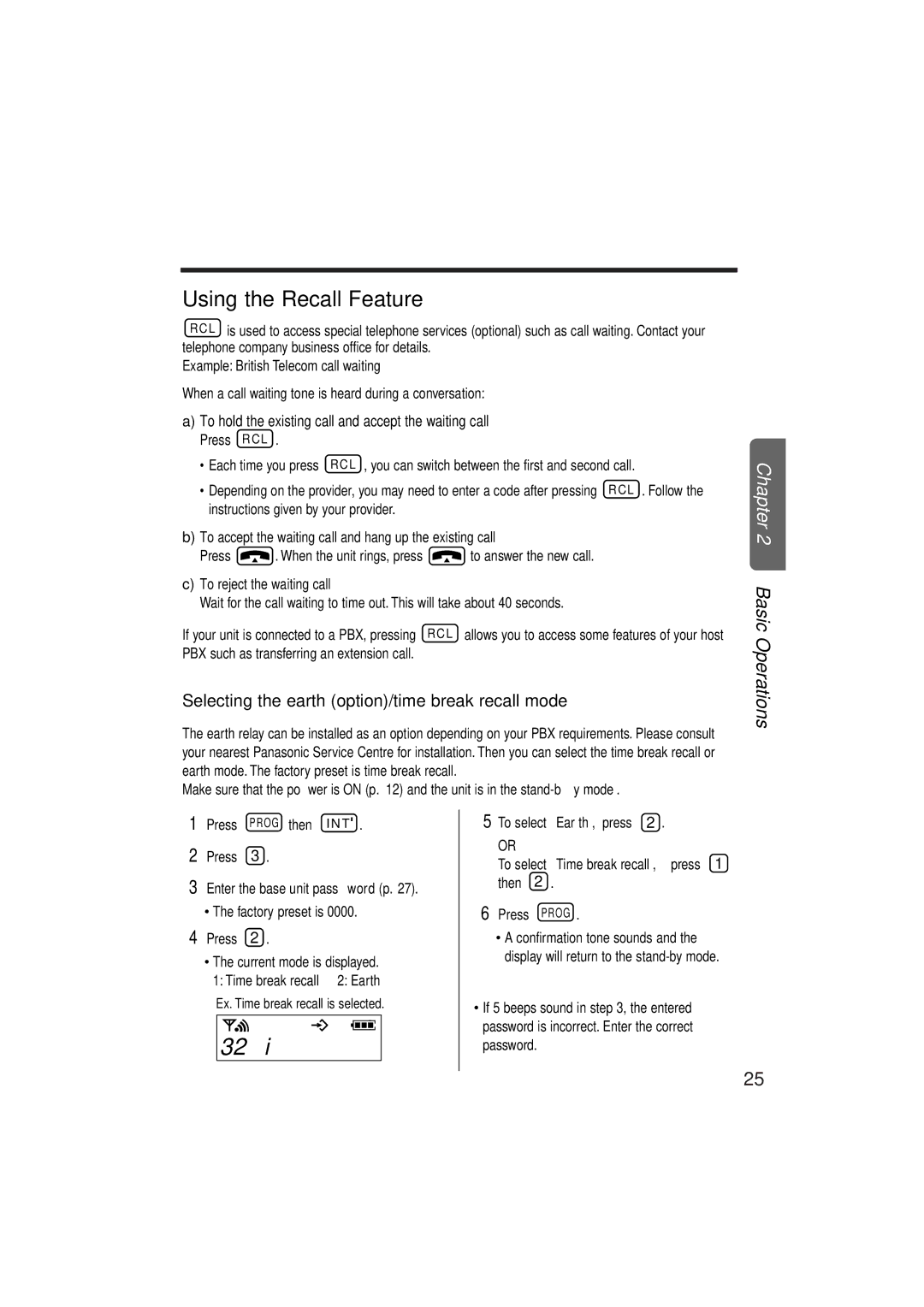 Panasonic KX-TCD952EB 32u, Using the Recall Feature, Selecting the earth option/time break recall mode 