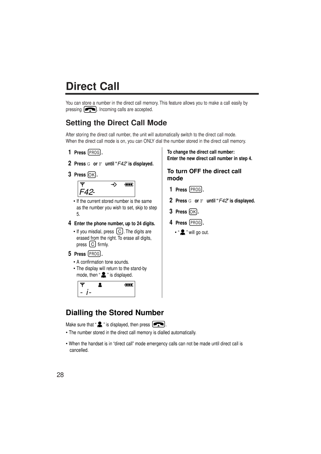 Panasonic KX-TCD952EB F42, Setting the Direct Call Mode, Dialling the Stored Number, To turn OFF the direct call mode 