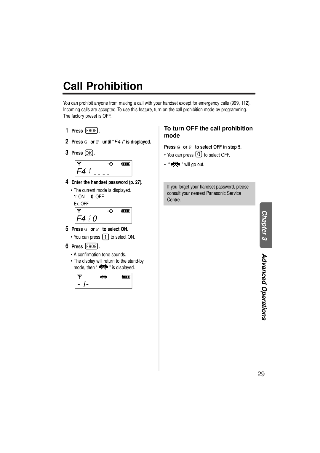 Panasonic KX-TCD952EB operating instructions Call Prohibition, F4 Io, F4 IO0, To turn OFF the call prohibition mode 