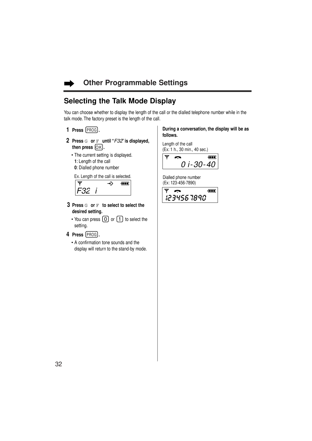 Panasonic KX-TCD952EB operating instructions F32U, Other Programmable Settings Selecting the Talk Mode Display 