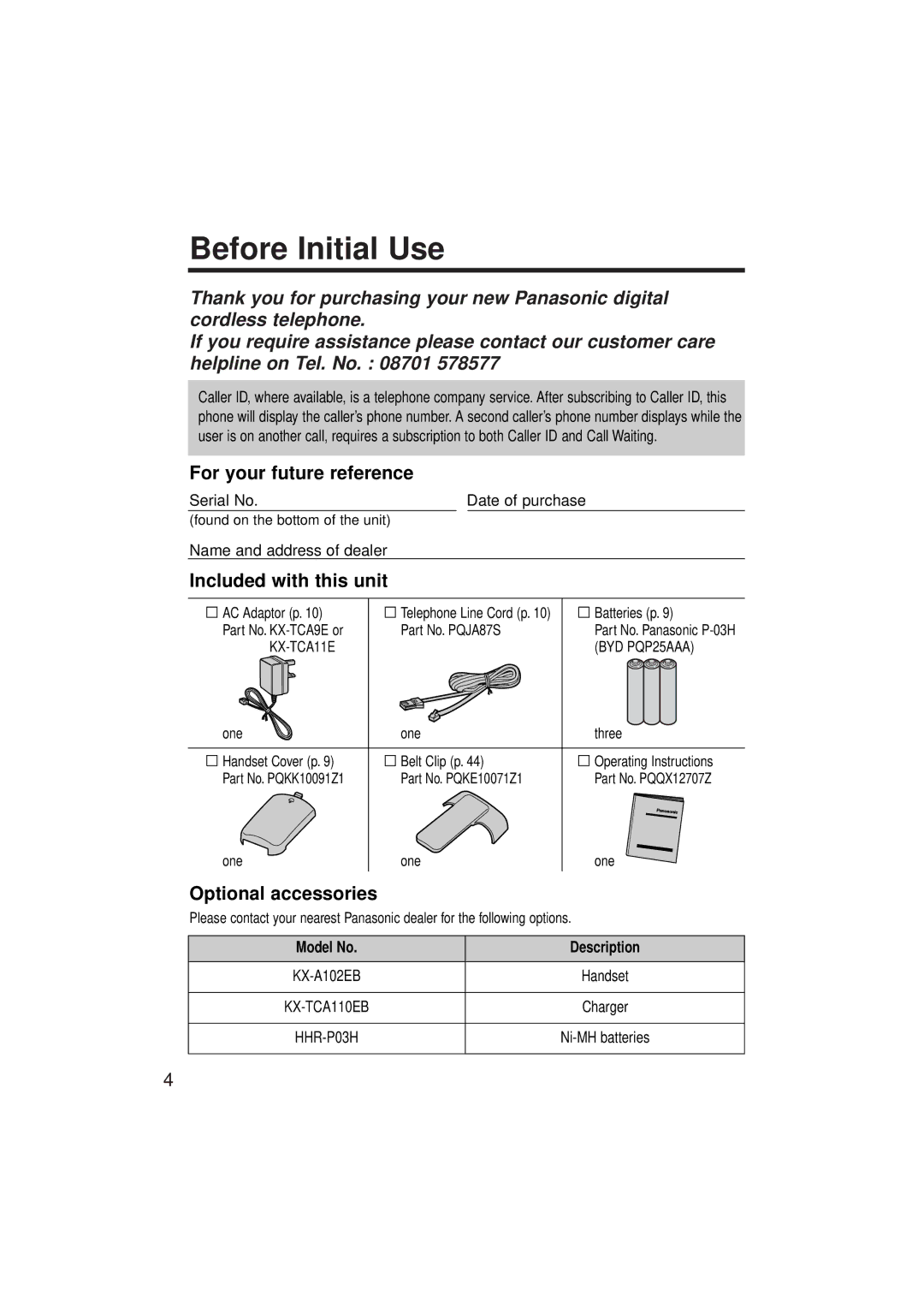 Panasonic KX-TCD952EB operating instructions Before Initial Use, Model No Description 