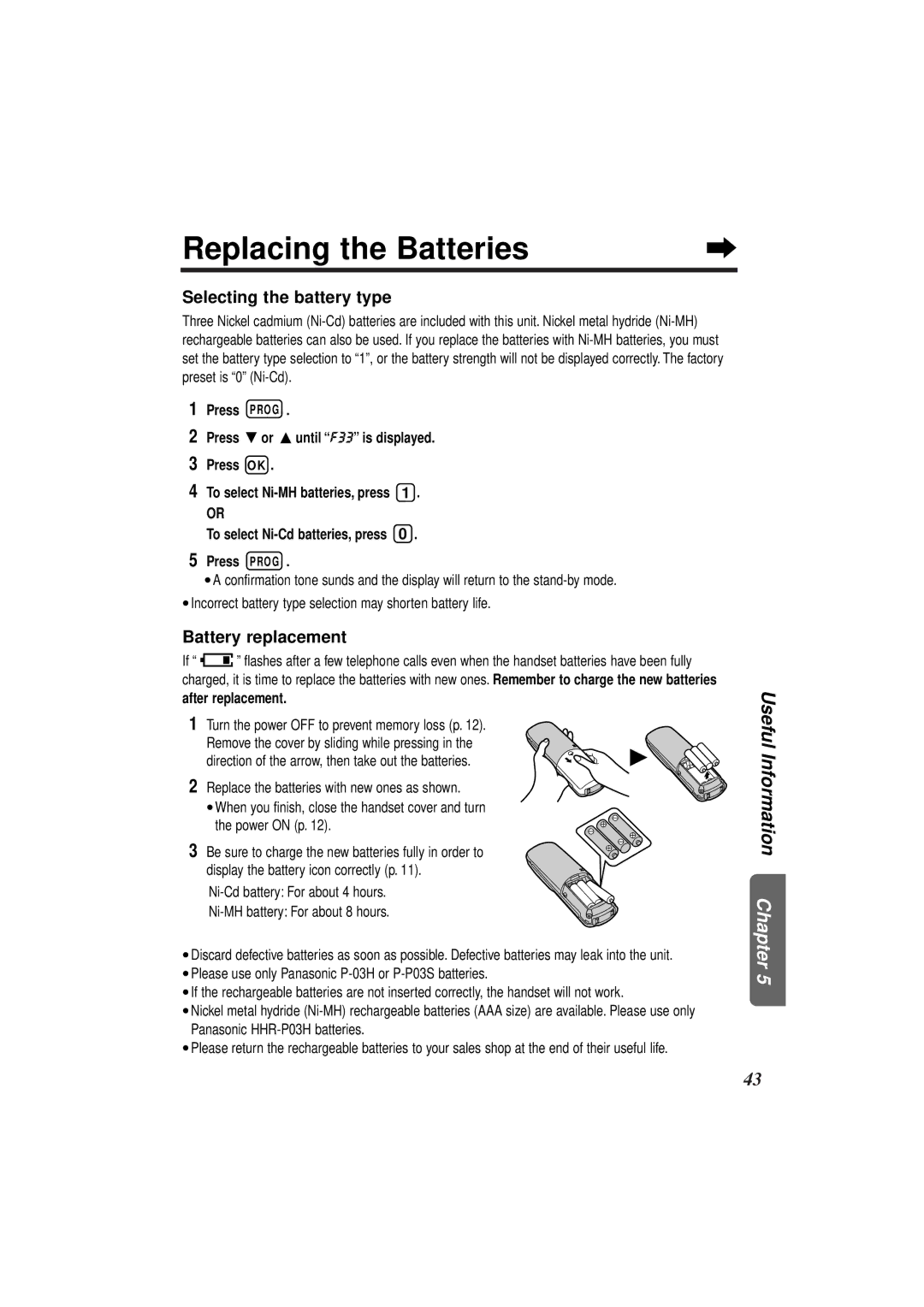 Panasonic KX-TCD952EB operating instructions Replacing the Batteries, Selecting the battery type, Battery replacement 