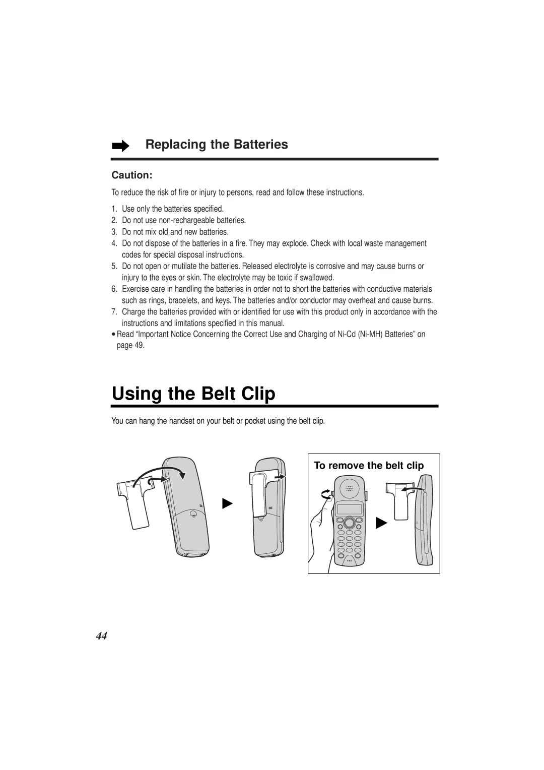 Panasonic KX-TCD952EB operating instructions Using the Belt Clip, Replacing the Batteries, To remove the belt clip 