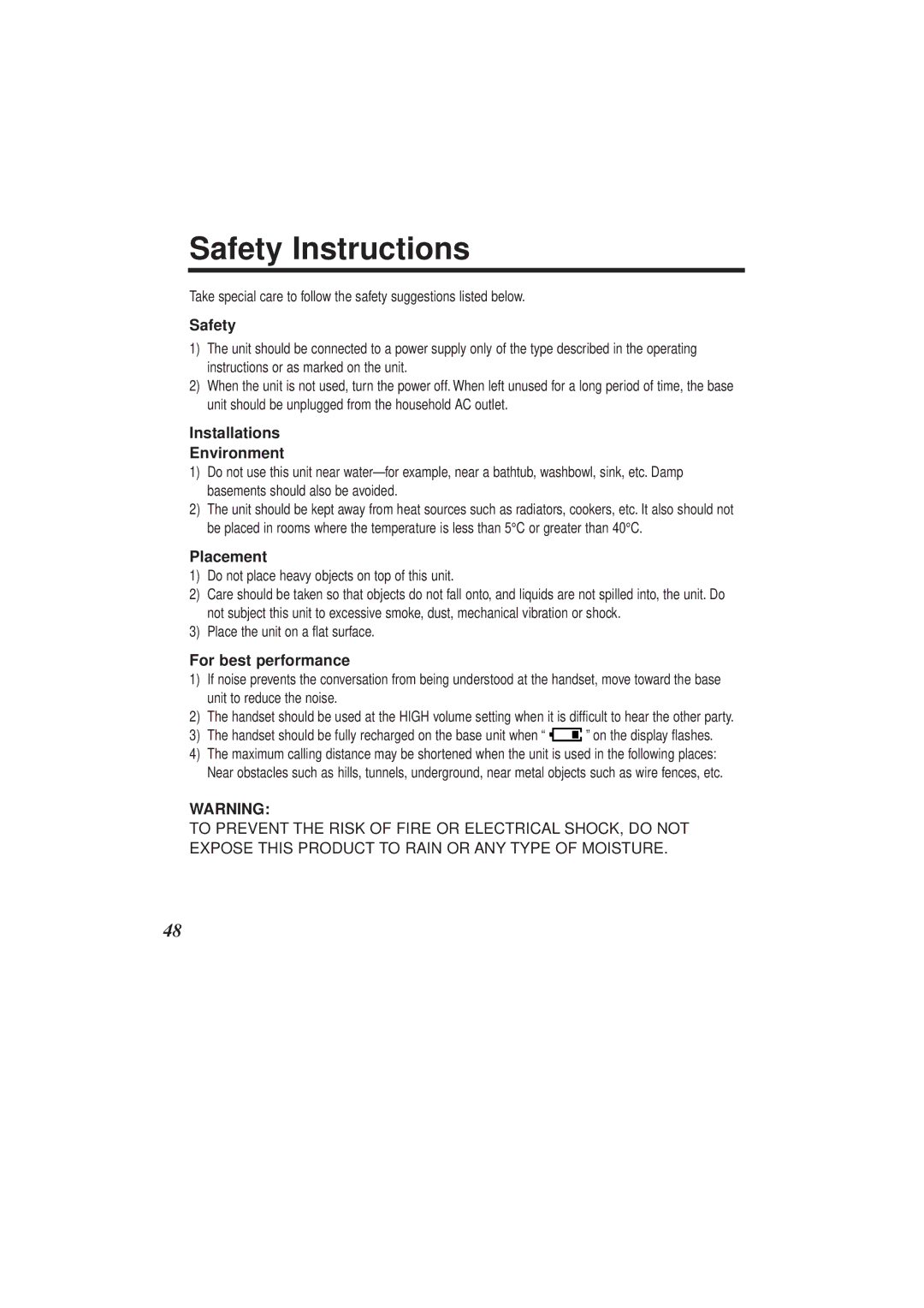 Panasonic KX-TCD952EB Safety Instructions, Installations Environment, Placement, For best performance 