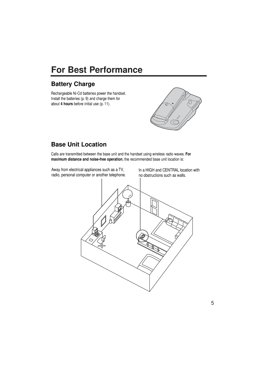 Panasonic KX-TCD952EB operating instructions For Best Performance, Battery Charge, Base Unit Location 