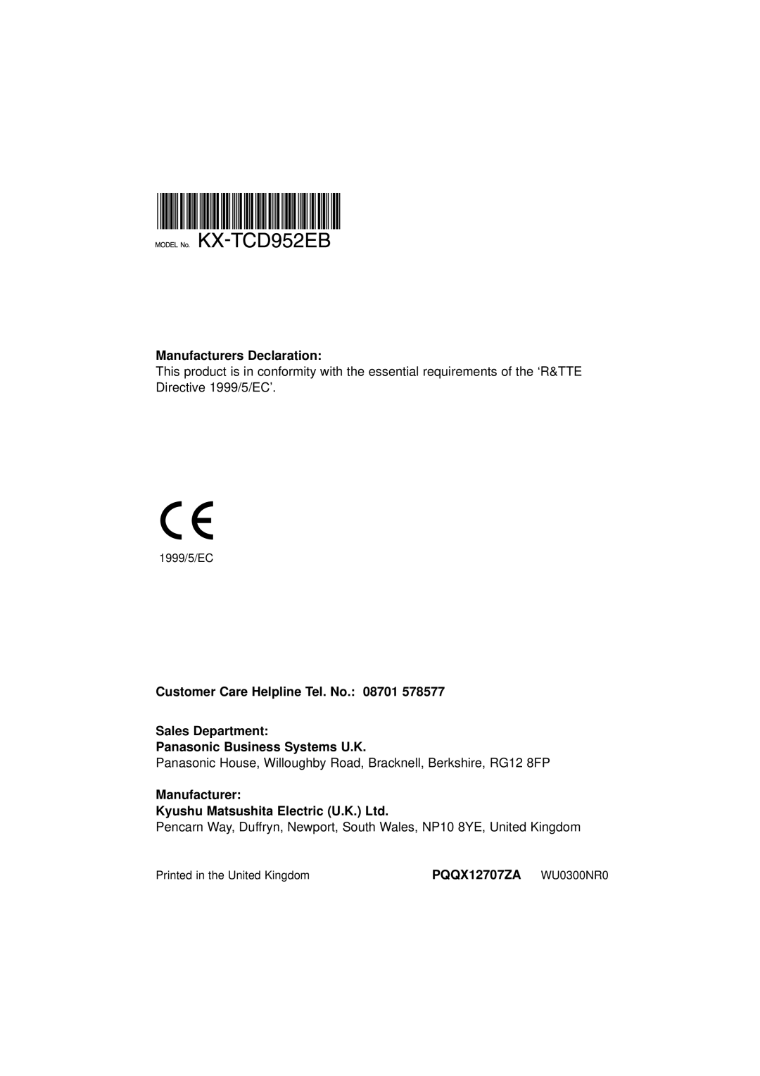 Panasonic KX-TCD952EB operating instructions Manufacturers Declaration, PQQX12707ZA WU0300NR0 