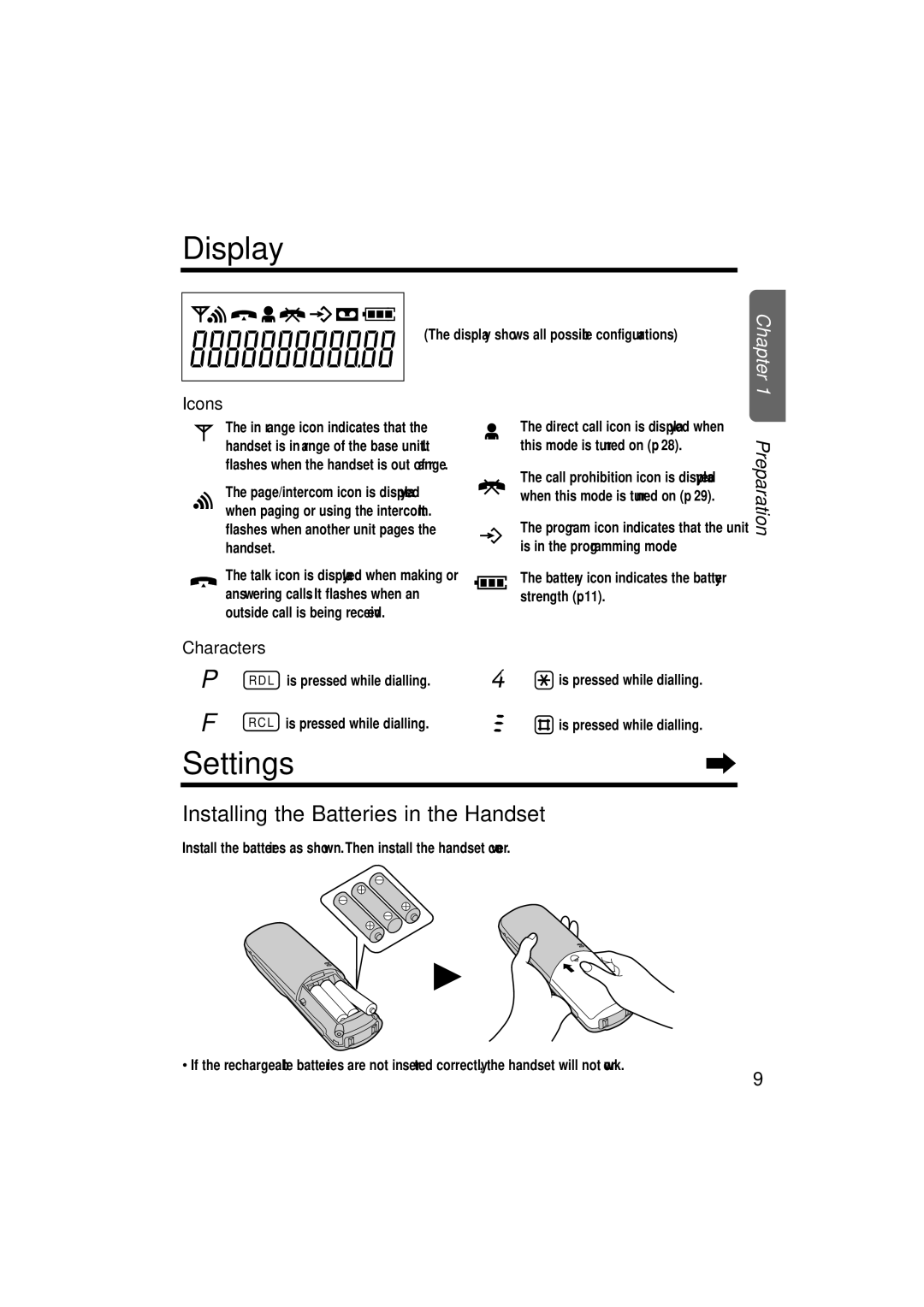 Panasonic KX-TCD952EB operating instructions Display, Settings, Installing the Batteries in the Handset, Icons, Characters 