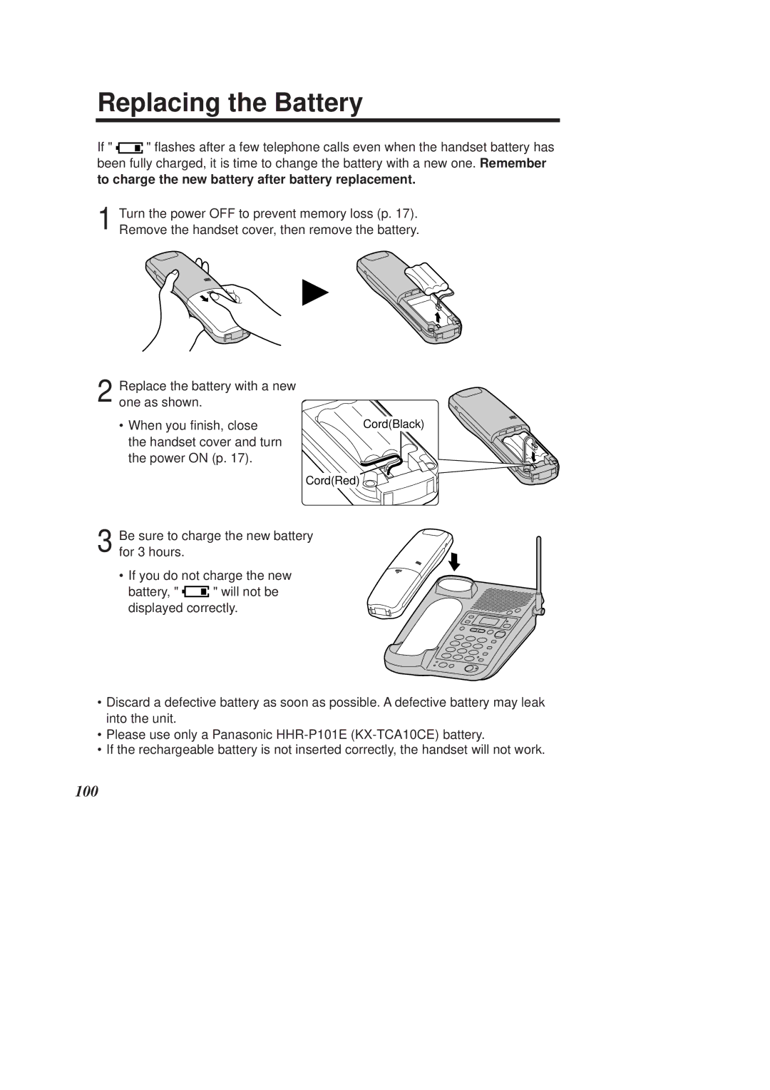 Panasonic KX-TCD960E-B, KX-TCD970E-B Replacing the Battery, To charge the new battery after battery replacement 