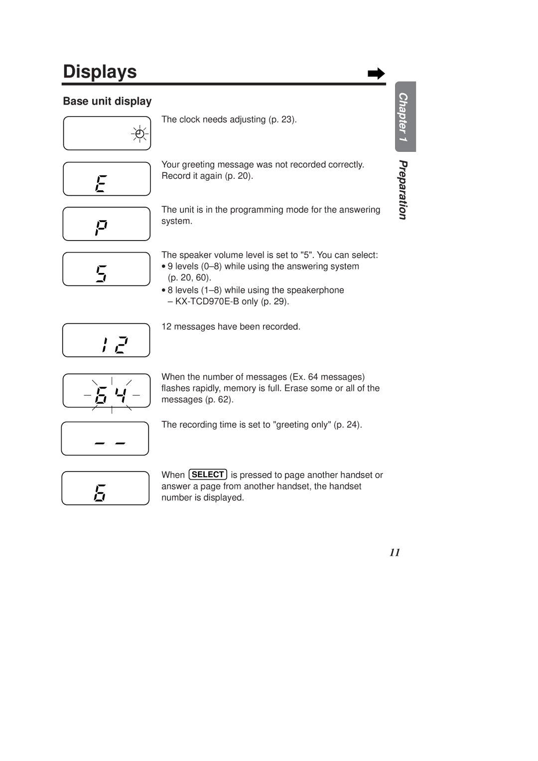 Panasonic KX-TCD970E-B, KX-TCD960E-B operating instructions Displays, Base unit display 