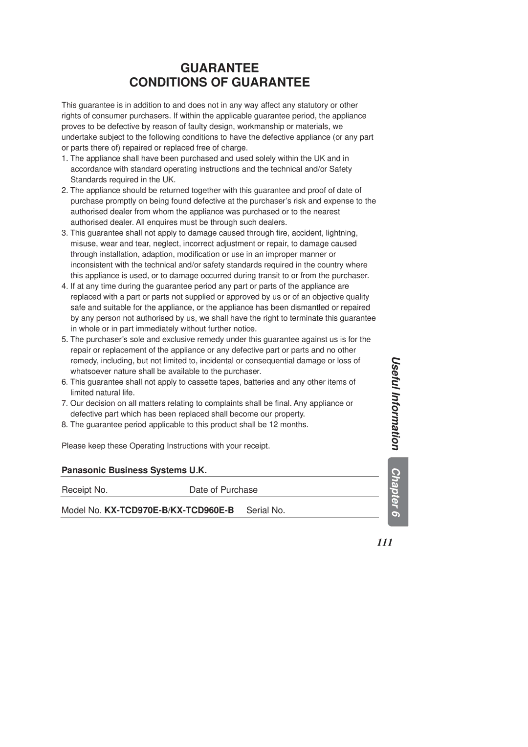 Panasonic operating instructions Panasonic Business Systems U.K, Model No. KX-TCD970E-B/KX-TCD960E-B Serial No 