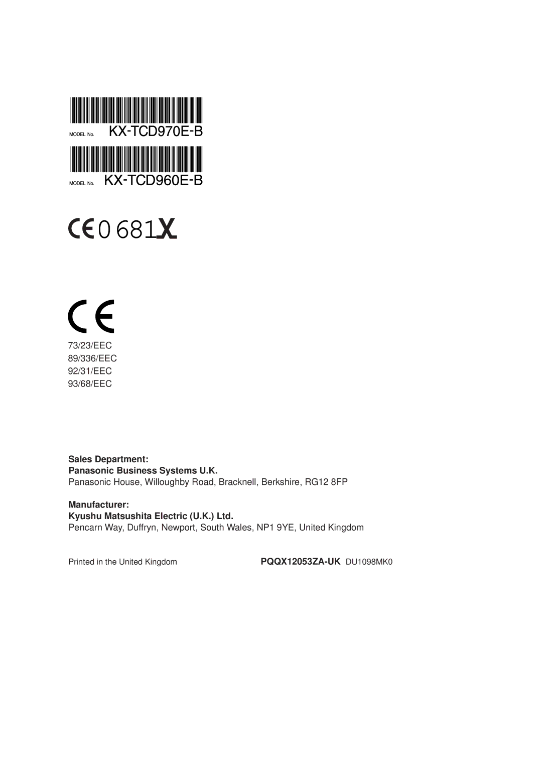 Panasonic KX-TCD960E-B Sales Department Panasonic Business Systems U.K, Manufacturer, PQQX12053ZA-UK DU1098MK0 