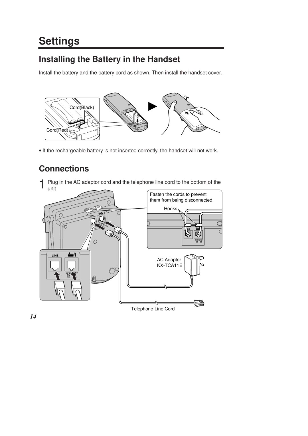 Panasonic KX-TCD960E-B, KX-TCD970E-B operating instructions Settings, Installing the Battery in the Handset, Connections 