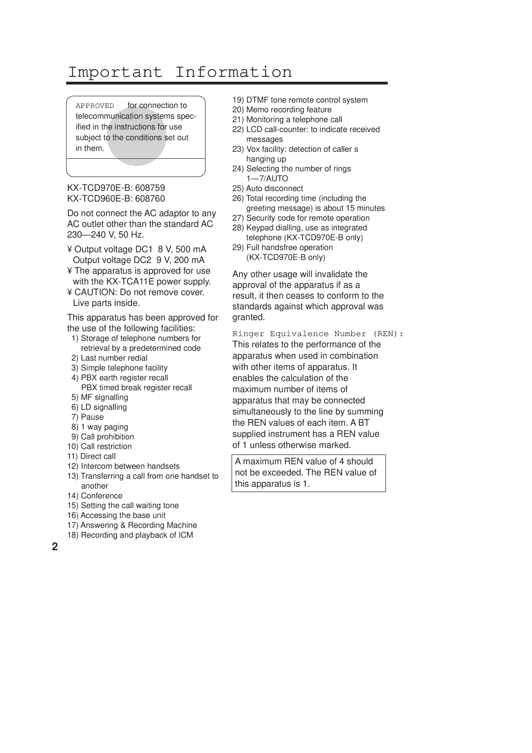 Panasonic KX-TCD960E-B, KX-TCD970E-B operating instructions Important Information, Ringer Equivalence Number REN 