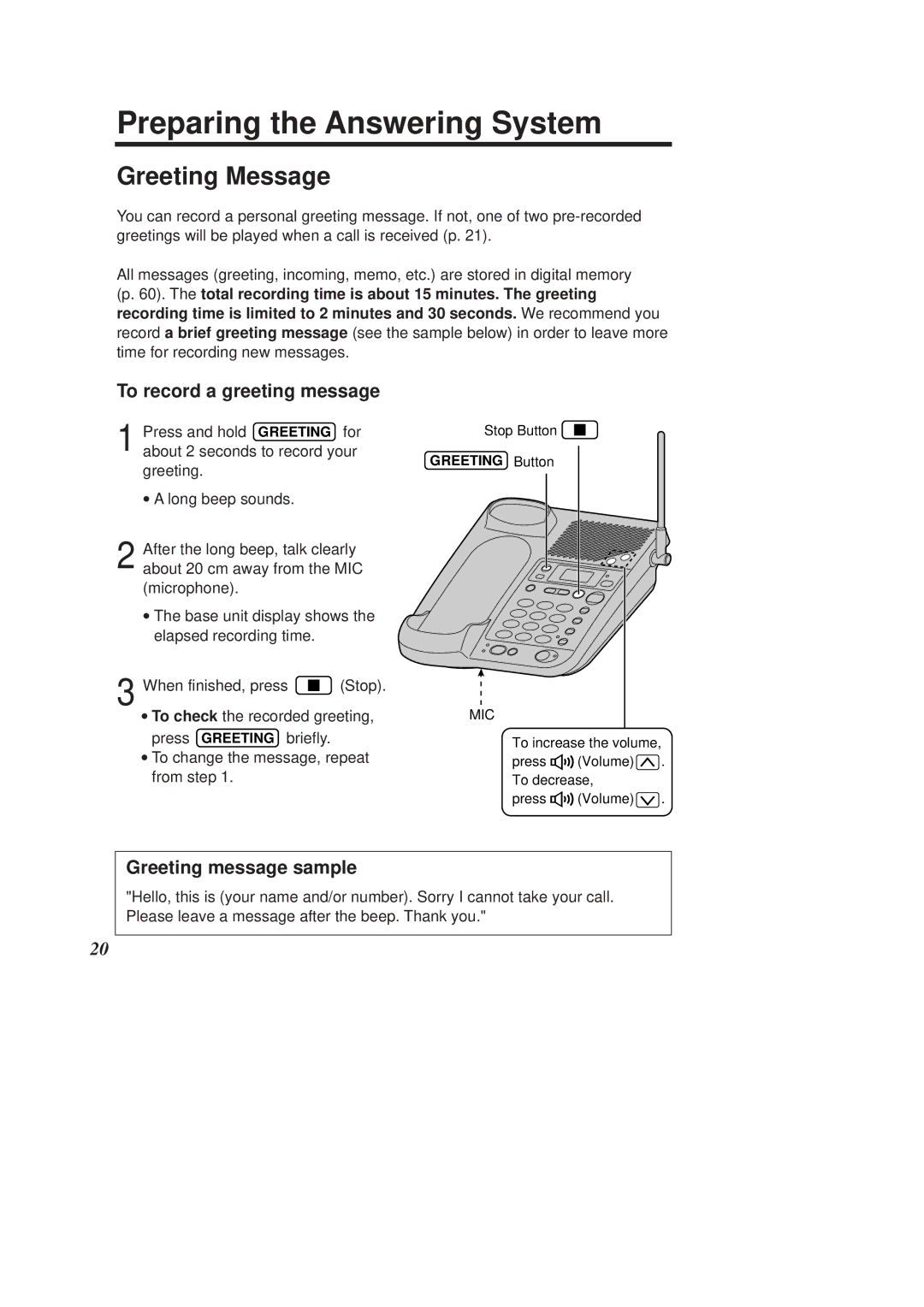 Panasonic KX-TCD960E-B, KX-TCD970E-B Preparing the Answering System, Greeting Message, To record a greeting message 