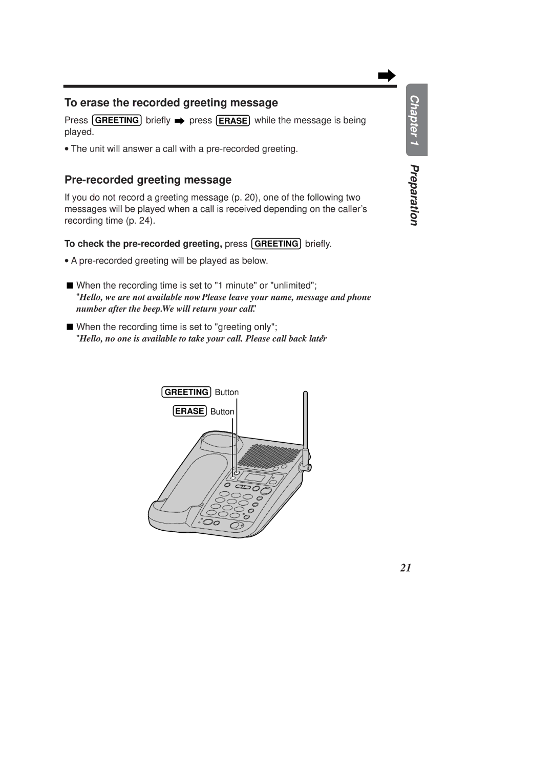 Panasonic KX-TCD970E-B, KX-TCD960E-B To erase the recorded greeting message, Pre-recorded greeting message 