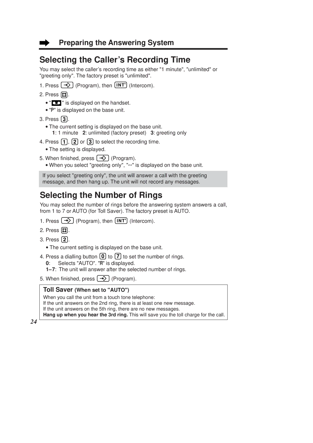 Panasonic KX-TCD960E-B Selecting the Caller’s Recording Time, Selecting the Number of Rings, Toll Saver When set to Auto 