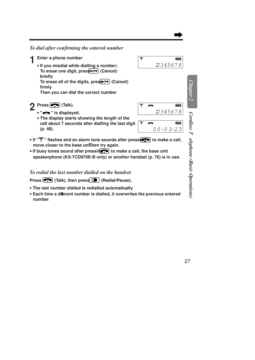 Panasonic KX-TCD970E-B To dial after confirming the entered number, To redial the last number dialled on the handset 