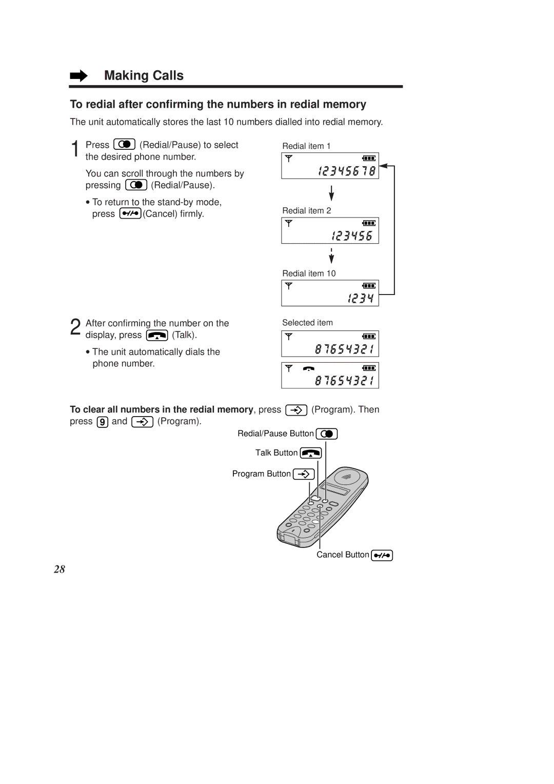 Panasonic KX-TCD960E-B, KX-TCD970E-B operating instructions To redial after confirming the numbers in redial memory 