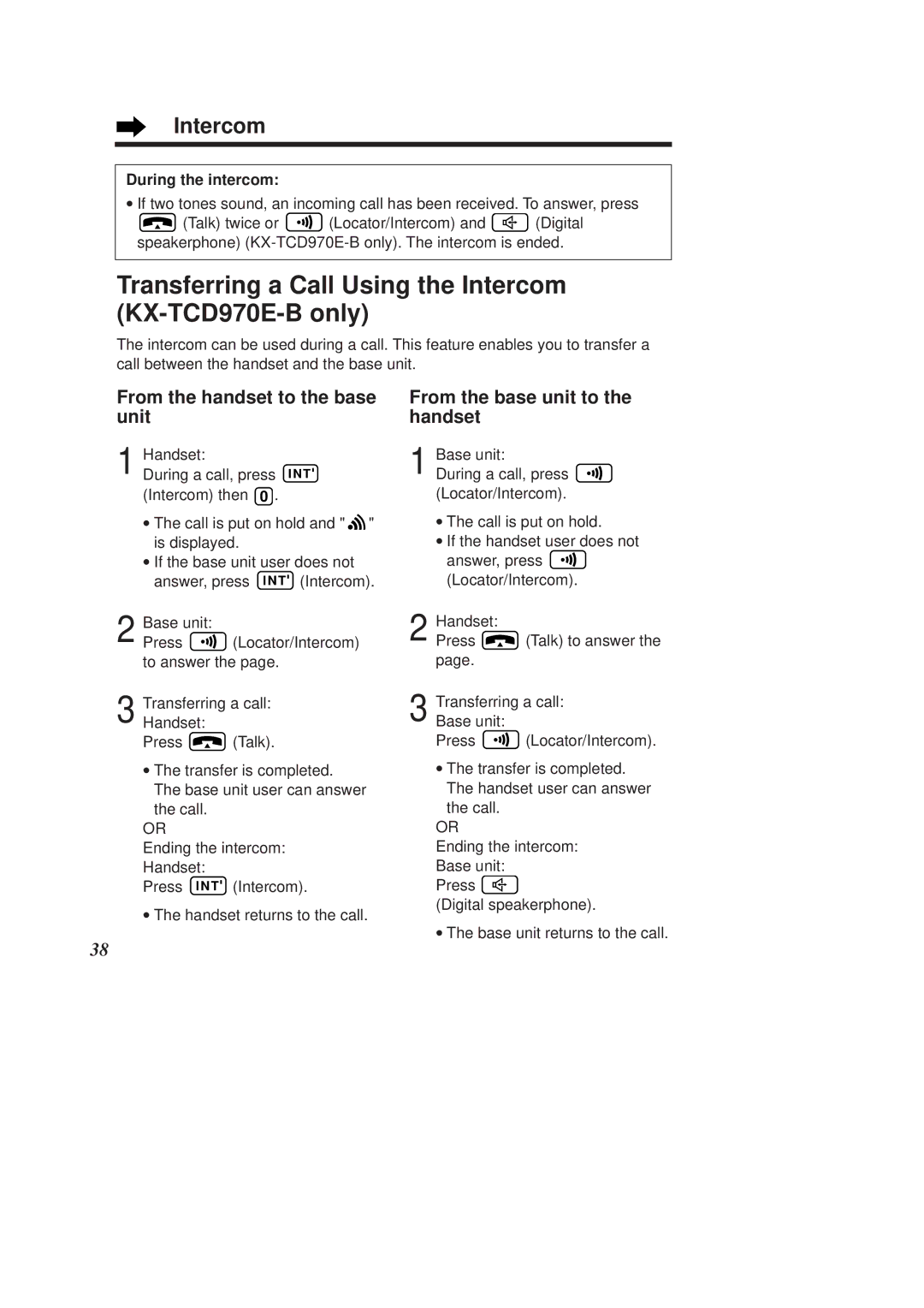 Panasonic KX-TCD960E-B Transferring a Call Using the Intercom KX-TCD970E-B only, From the handset to the base unit 