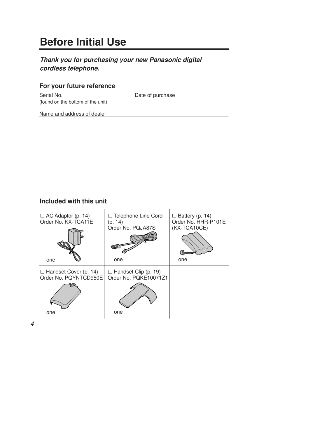 Panasonic KX-TCD960E-B, KX-TCD970E-B Before Initial Use, For your future reference, Included with this unit 