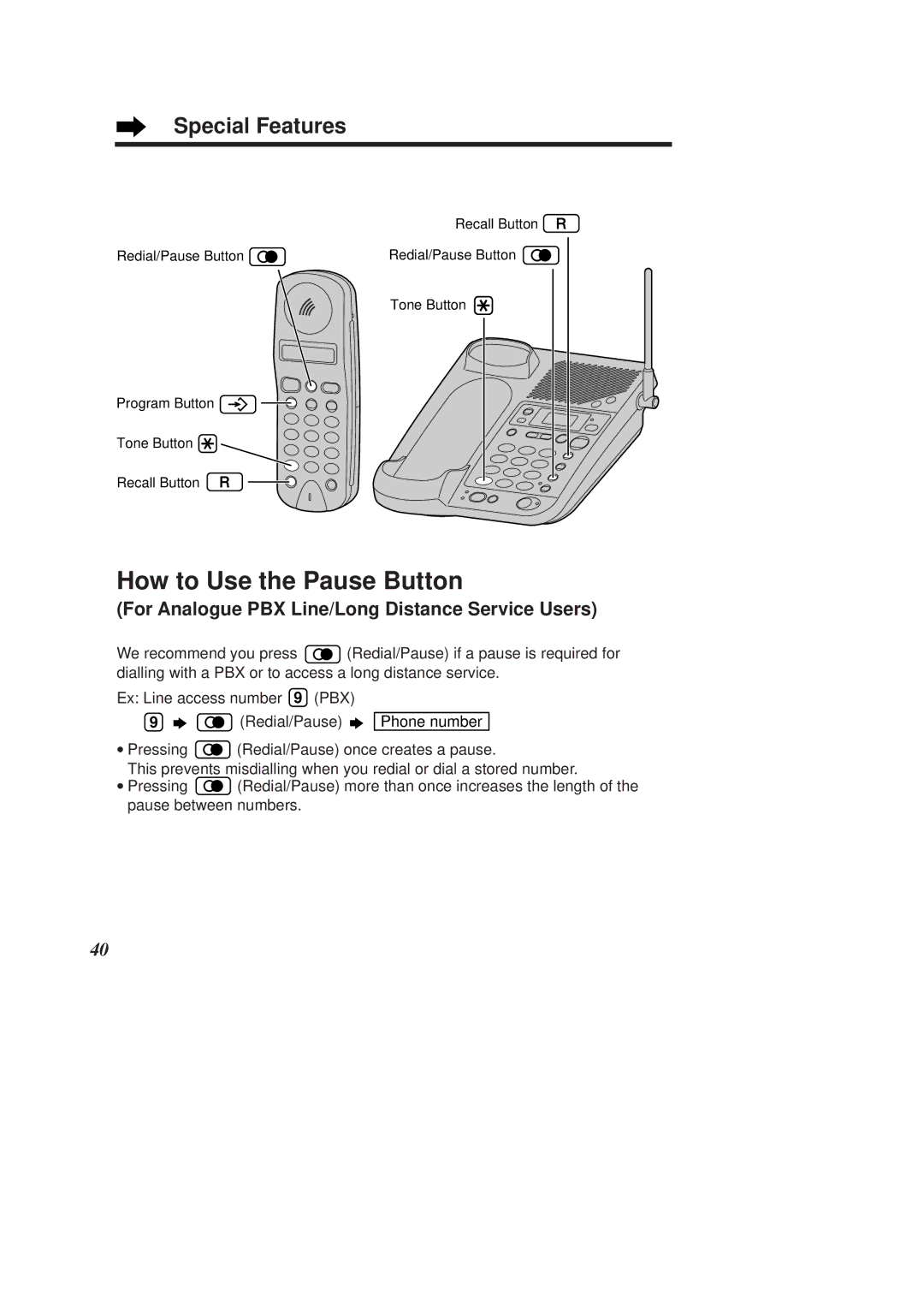 Panasonic KX-TCD960E-B, KX-TCD970E-B How to Use the Pause Button, For Analogue PBX Line/Long Distance Service Users 