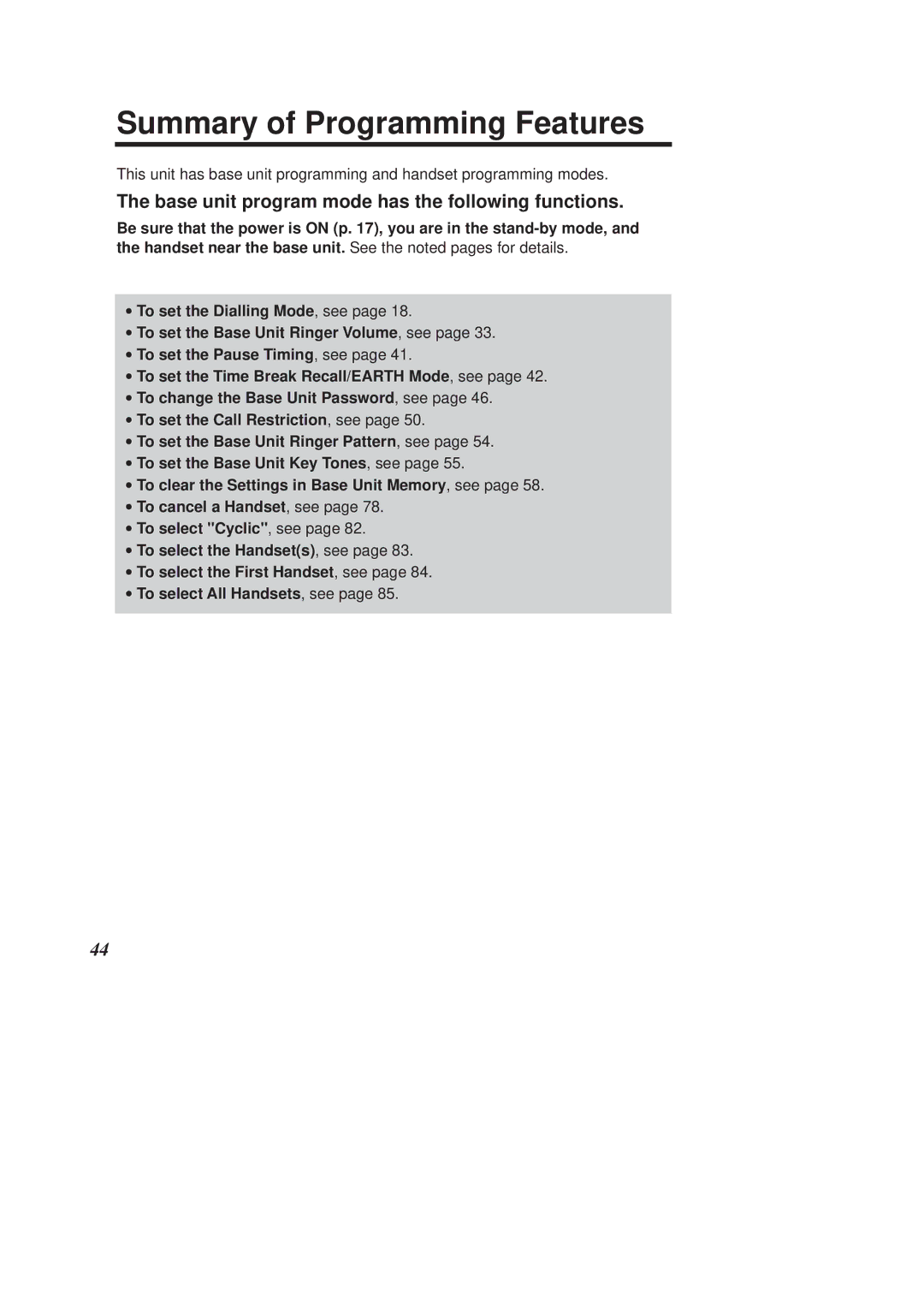 Panasonic KX-TCD960E-B, KX-TCD970E-B Summary of Programming Features, Base unit program mode has the following functions 