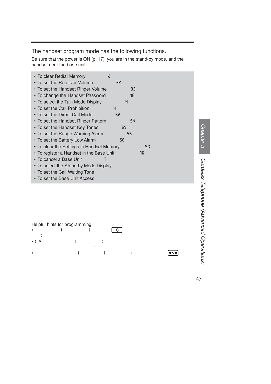 Panasonic KX-TCD970E-B, KX-TCD960E-B operating instructions Handset program mode has the following functions 