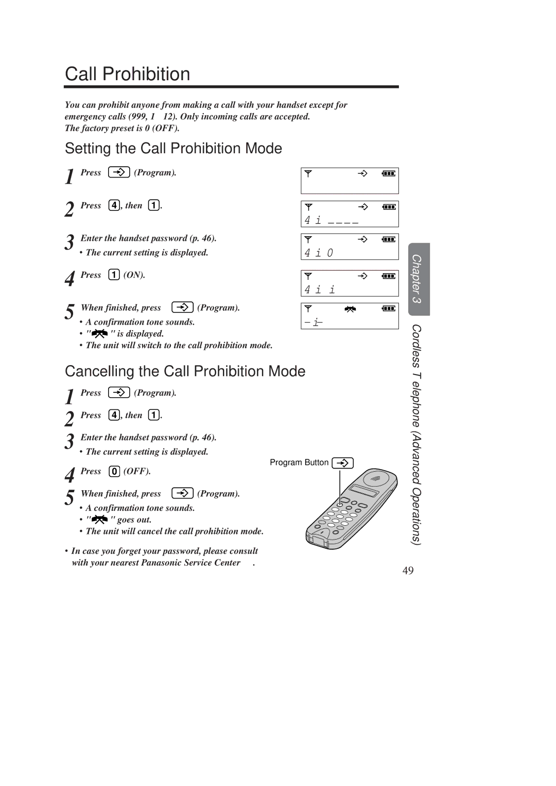 Panasonic KX-TCD970E-B, KX-TCD960E-B Setting the Call Prohibition Mode, Cancelling the Call Prohibition Mode 