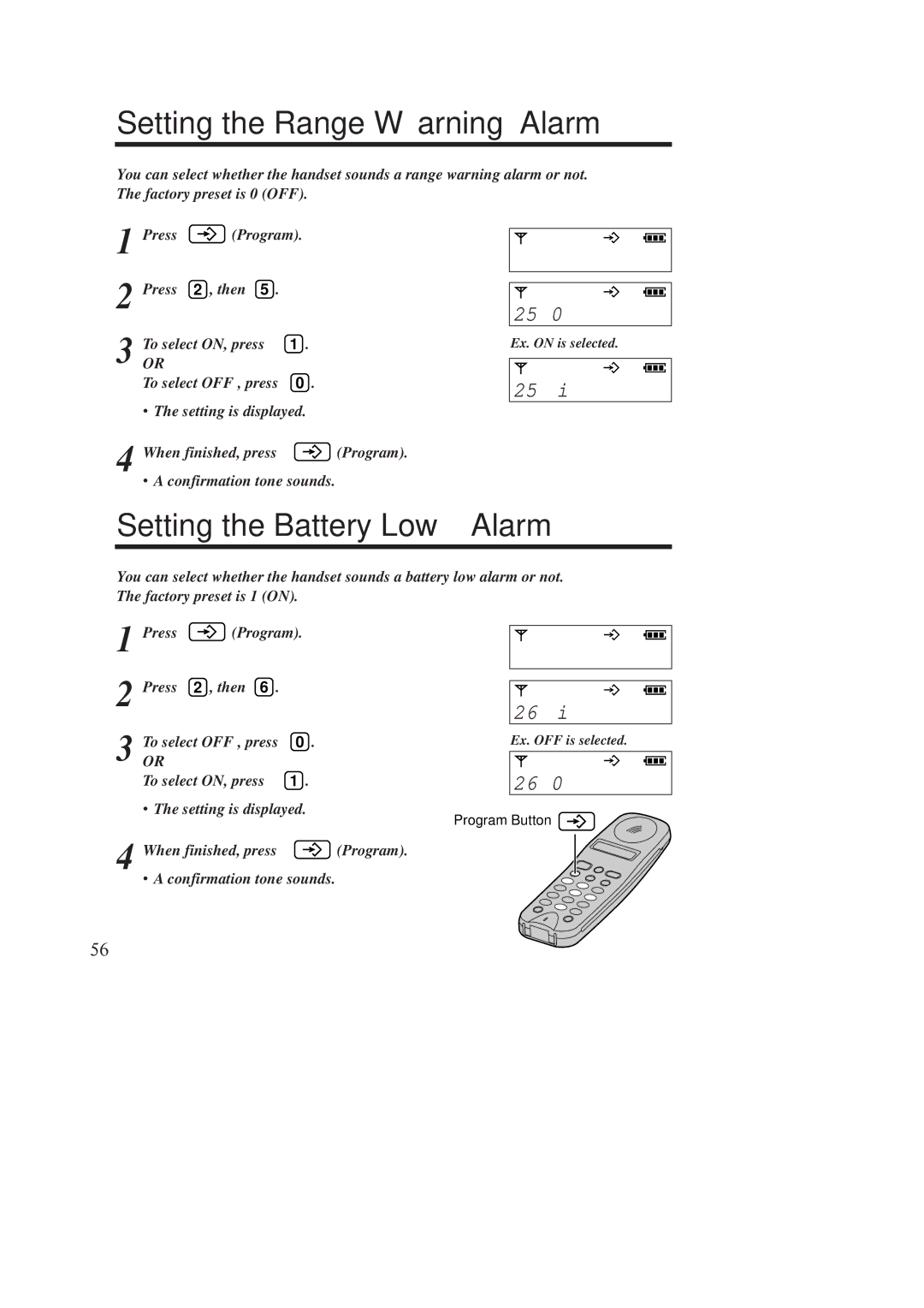 Panasonic KX-TCD960E-B, KX-TCD970E-B operating instructions Setting the Range Warning Alarm, Setting the Battery Low Alarm 