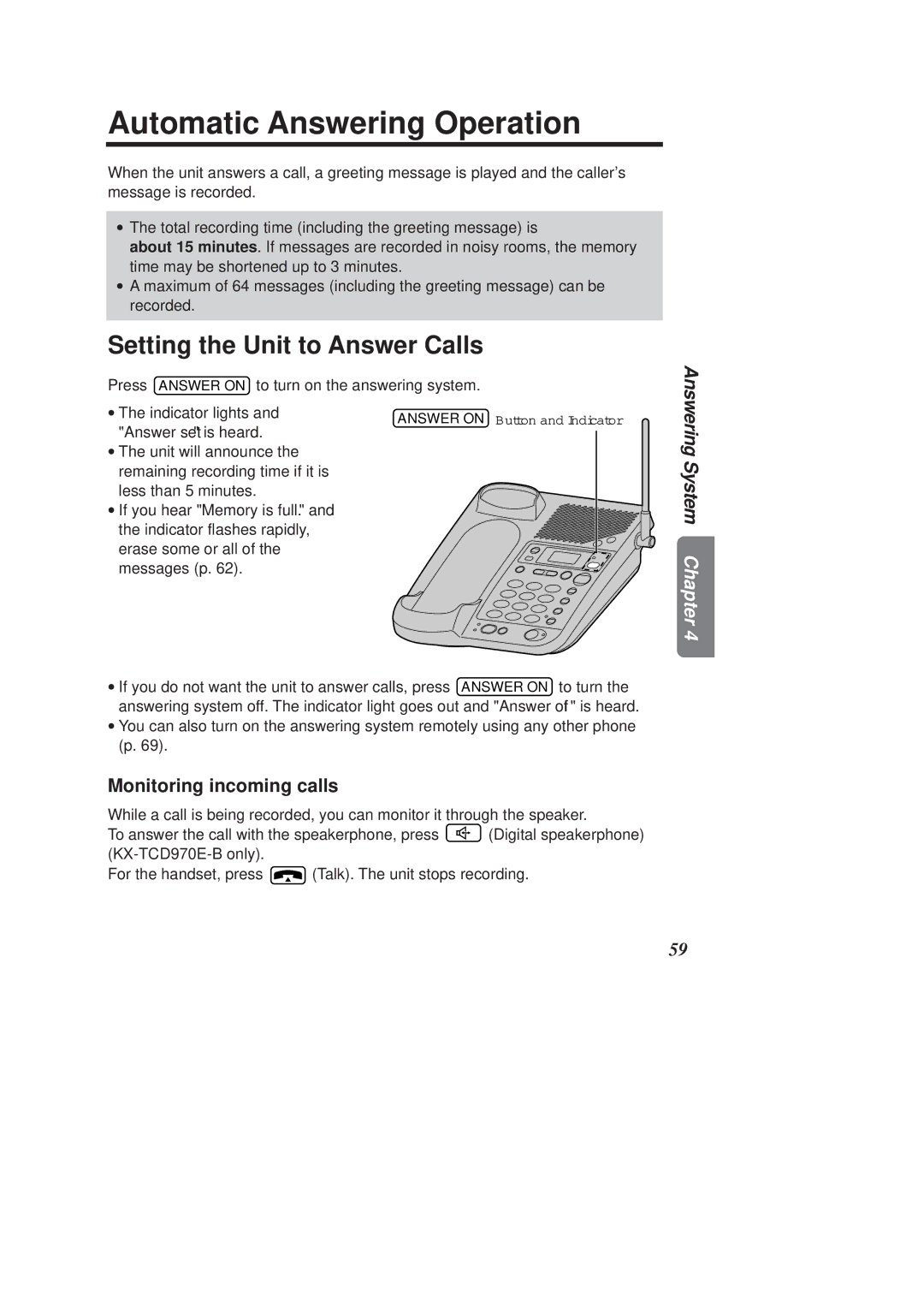 Panasonic KX-TCD970E-B Automatic Answering Operation, Setting the Unit to Answer Calls, Monitoring incoming calls 