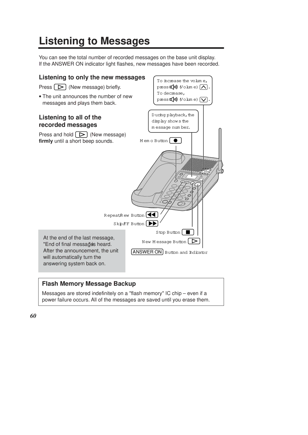 Panasonic KX-TCD960E-B Listening to Messages, Listening to only the new messages, Flash Memory Message Backup 