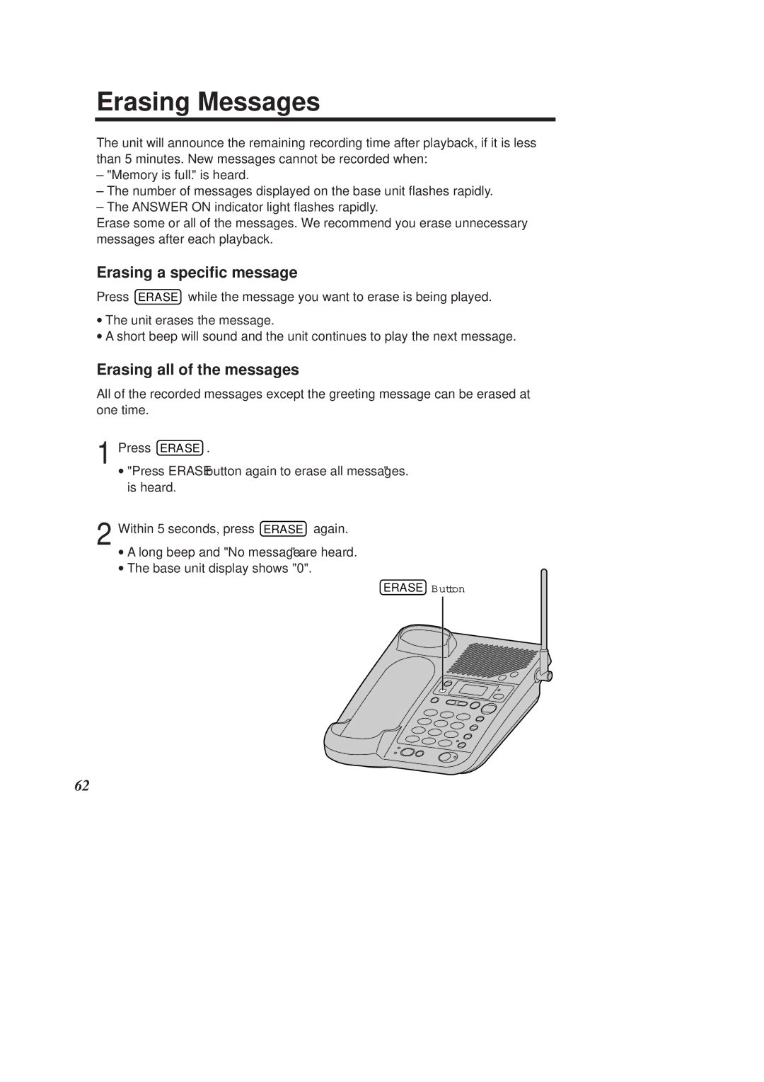 Panasonic KX-TCD960E-B, KX-TCD970E-B Erasing Messages, Erasing a specific message, Erasing all of the messages 