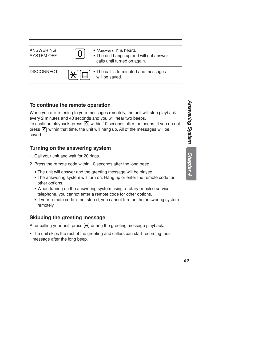 Panasonic KX-TCD970E-B To continue the remote operation, Turning on the answering system, Skipping the greeting message 