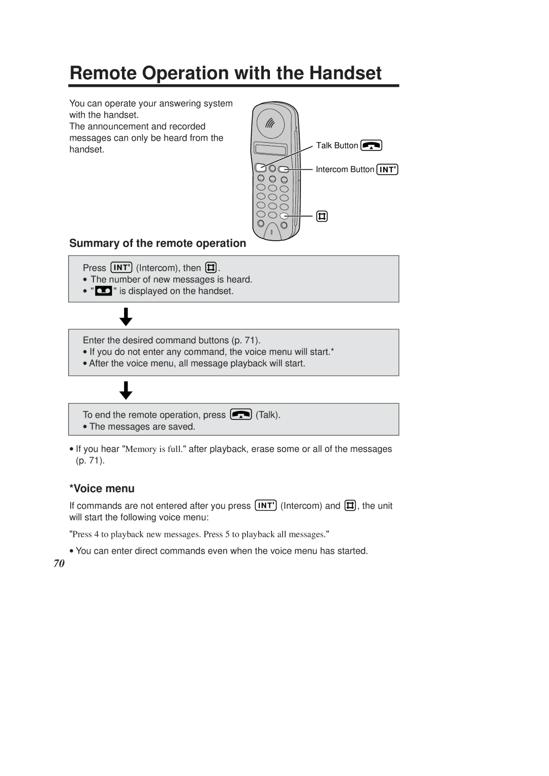 Panasonic KX-TCD960E-B, KX-TCD970E-B operating instructions Remote Operation with the Handset, Voice menu 