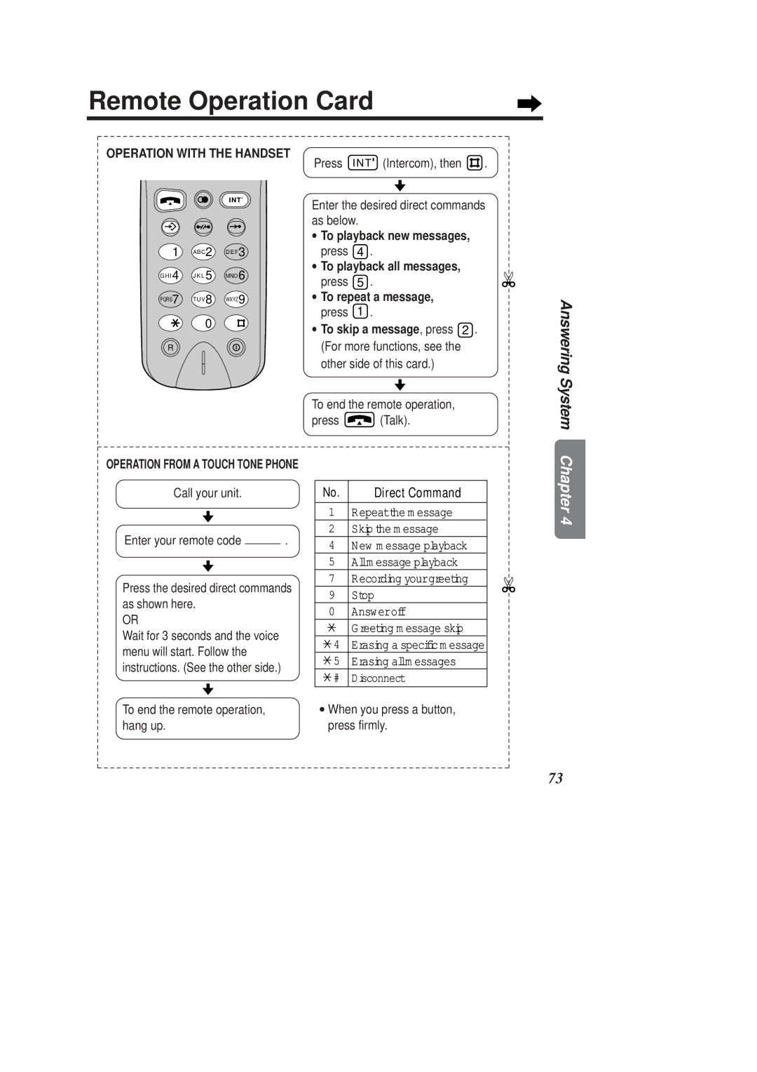 Panasonic KX-TCD970E-B, KX-TCD960E-B operating instructions Remote Operation Card, Operation with the Handset 