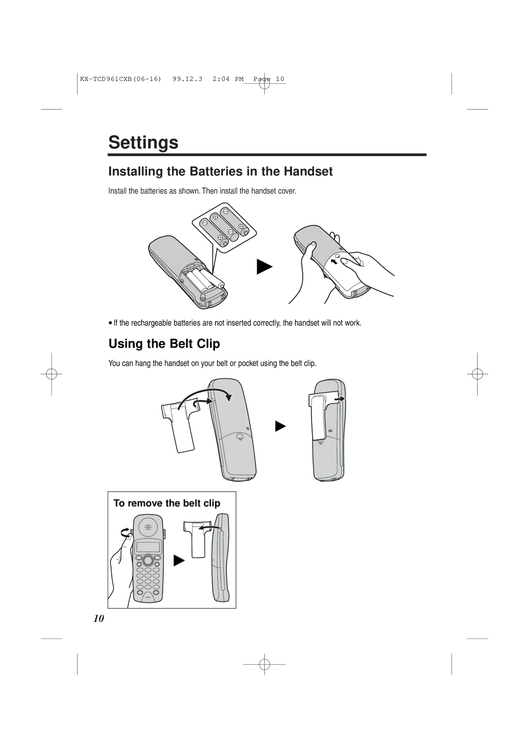 Panasonic KX-TCD961CXB Settings, Installing the Batteries in the Handset, Using the Belt Clip, To remove the belt clip 