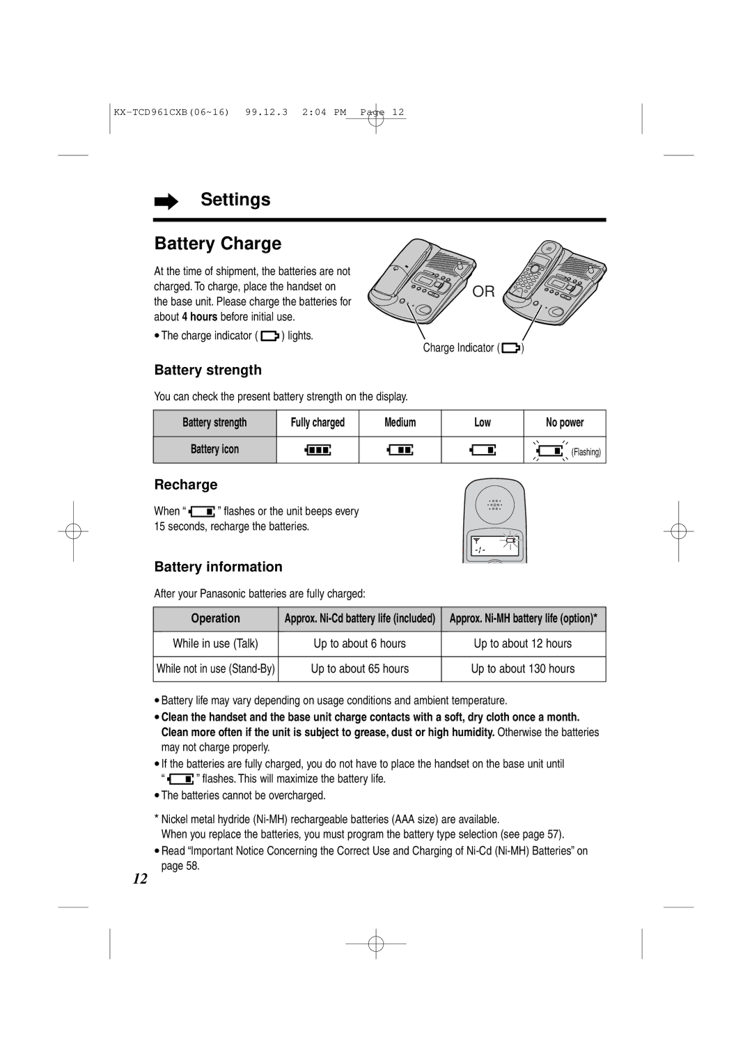 Panasonic KX-TCD961CXB operating instructions Settings Battery Charge, Battery strength, Recharge, Battery information 