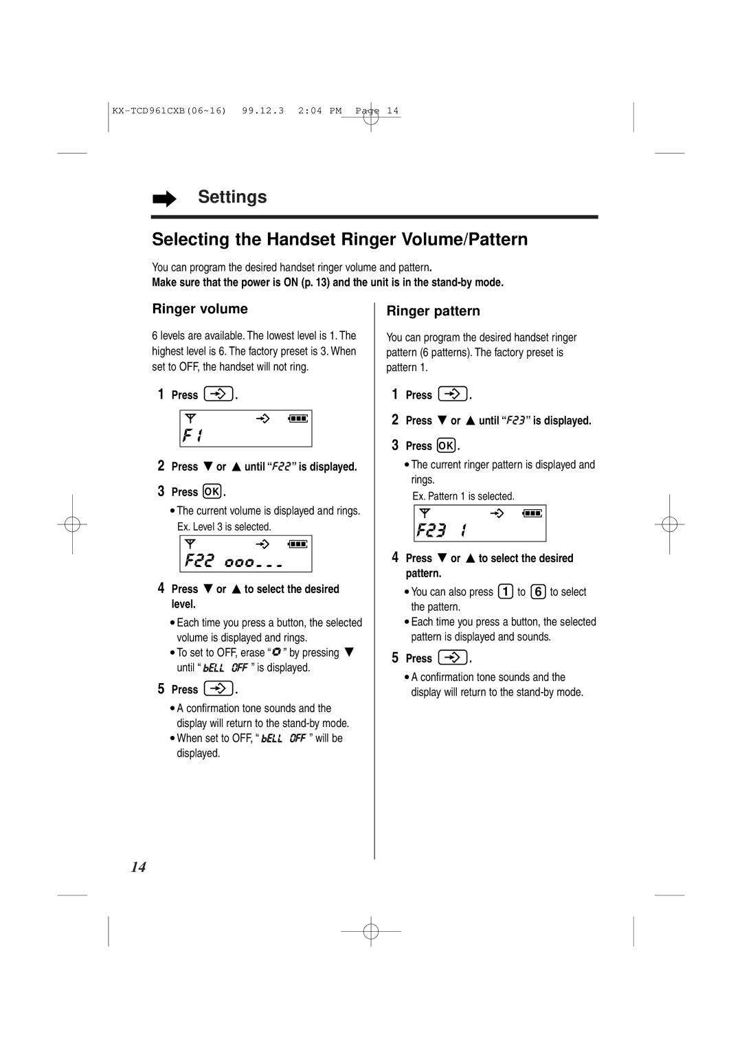 Panasonic KX-TCD961CXB Iuu, F23, Settings Selecting the Handset Ringer Volume/Pattern, Ringer volume, Ringer pattern 