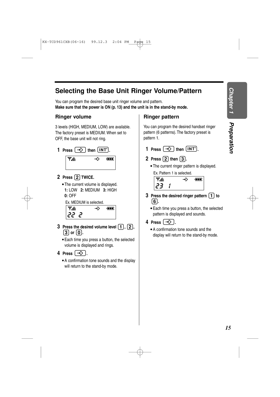 Panasonic KX-TCD961CXB operating instructions 22u2, 23U, Selecting the Base Unit Ringer Volume/Pattern 