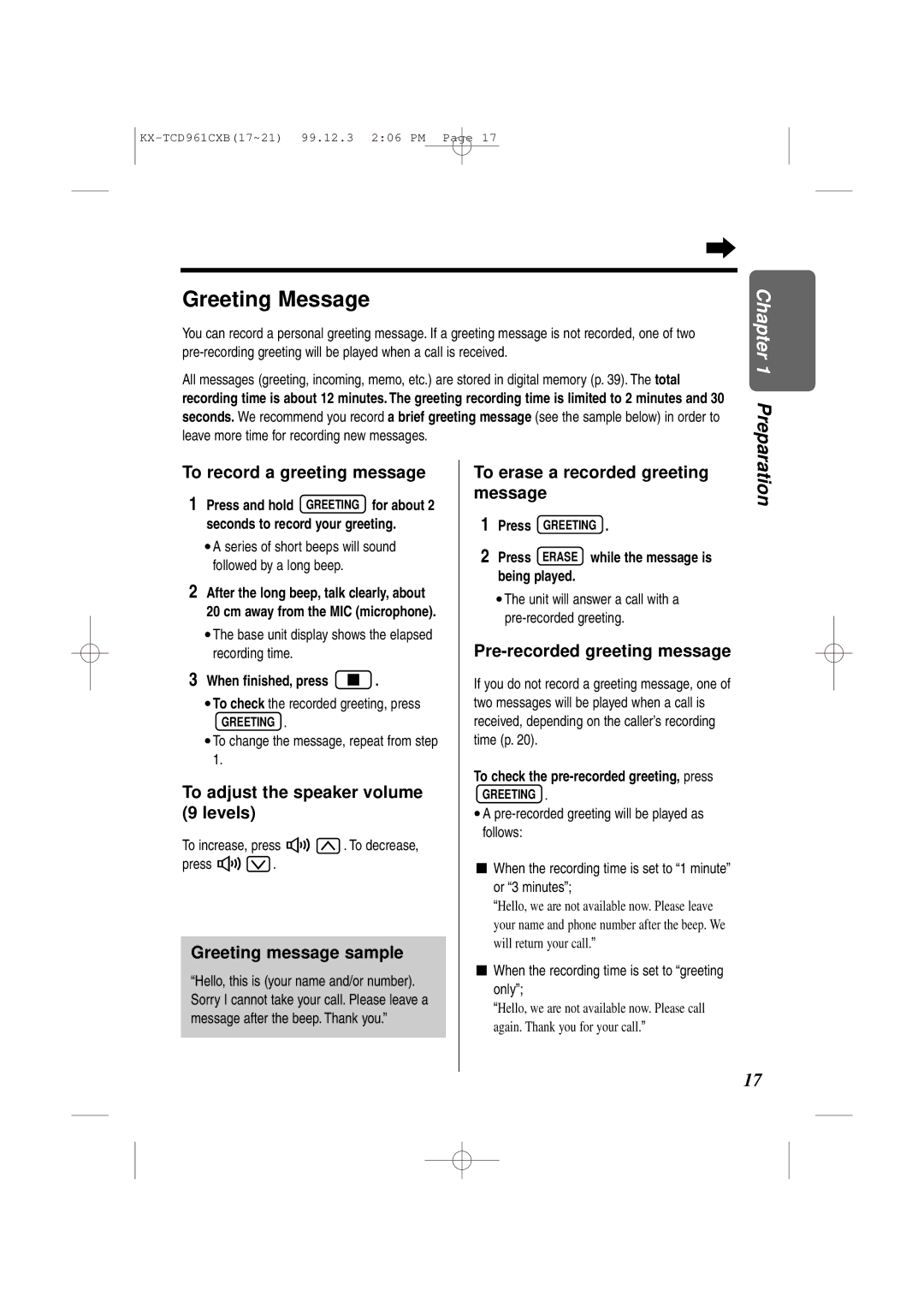 Panasonic KX-TCD961CXB operating instructions Greeting Message 