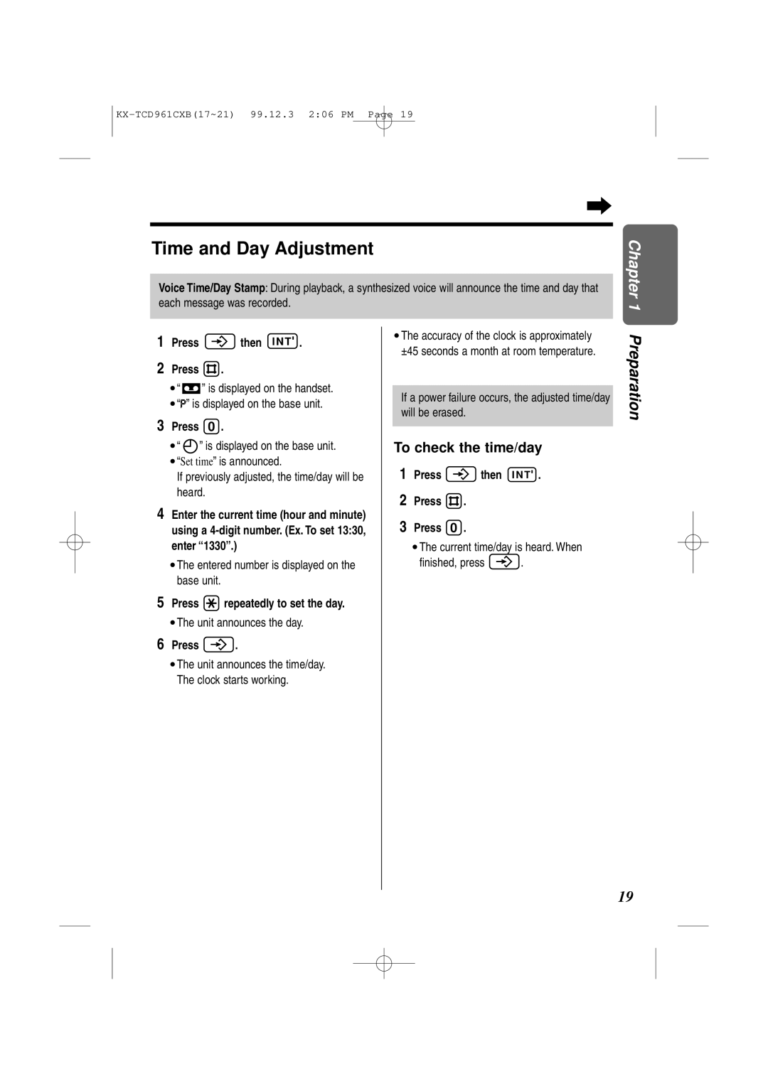 Panasonic KX-TCD961CXB Time and Day Adjustment, To check the time/day, Press repeatedly to set the day 